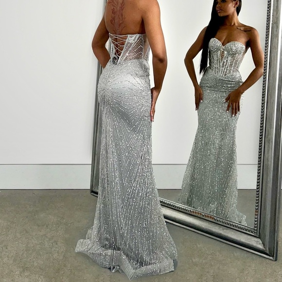 Strapless Silver Embellished Corset Gown - Picture 2 of 8